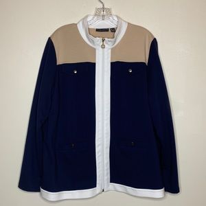 SUSAN GRAVER Zip Jacket French Terry Color Block Blue & Tan Mock Neck A23505  Lg